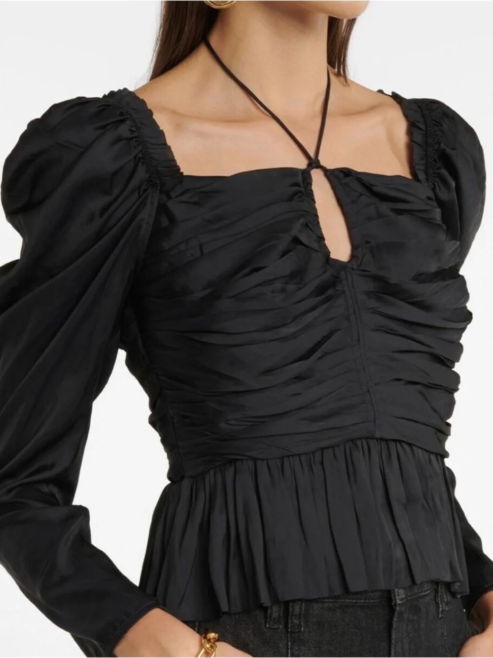 Ulla Johnson Black Ruched Peplum Blouse with Keyhole